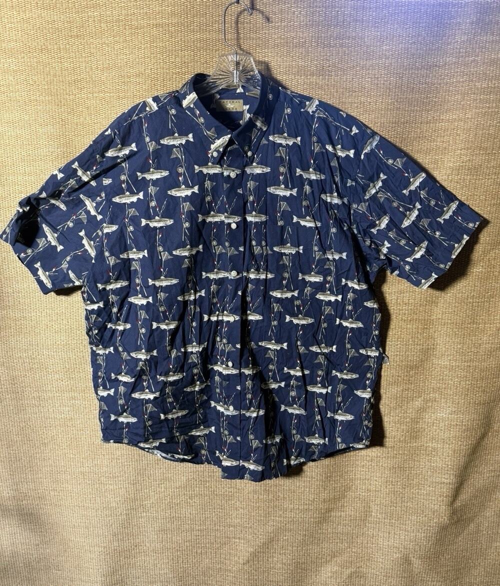 Natural Issue Wrink Free Men's Button Up Shirt Navy Blue Fish Fishing Pole XL